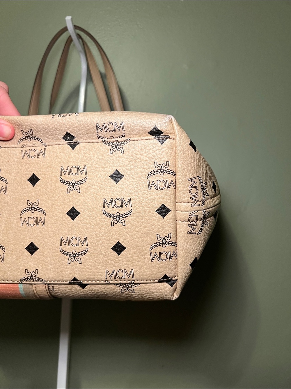 MCM Beige Logo Canvas Tote with Coral and Blue Center Stripe - Picture 6 of 10